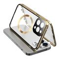 Doppelseitiges gehärtetes Glas+magnetischer Metallrahmen Anti-Drop Case für iPhone 15 kompatibel mit MagSafe Phone Cover mit Schnallenverschluss - Gold