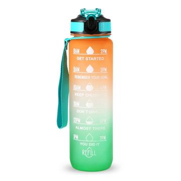 1L Sport-Wasserflasche mit Zeitmarkierung Wasserkrug auslaufsicherer Trinkwasserkocher für Büro Schule Camping (BPA-frei) - Orange/Grün