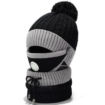 3-teilige winterliche winddichte Strickmütze, Gesichtsmaske und Halswärmer - Schwarz/Grau