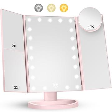 3-seitig faltbarer Makeup-Spiegel mit 22 LED-Leuchten - 1X/2X/3X/10X Vergrößerung - Pink