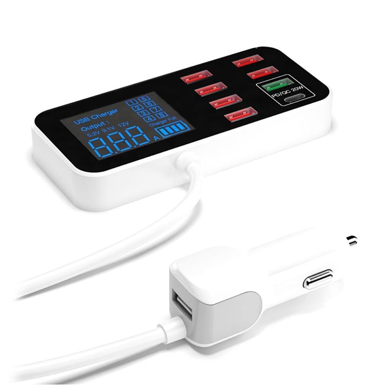 9-Port Kfz-Ladegerät mit LCD-Display WLX-A9S+ - 7xUSB, QC3.0 USB, PD USB-C  - 40W