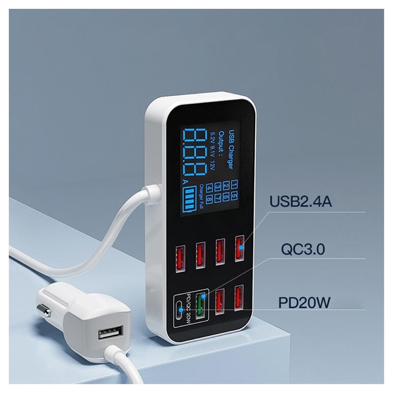 9-Port Kfz-Ladegerät mit LCD-Display WLX-A9S+ - 7xUSB, QC3.0 USB