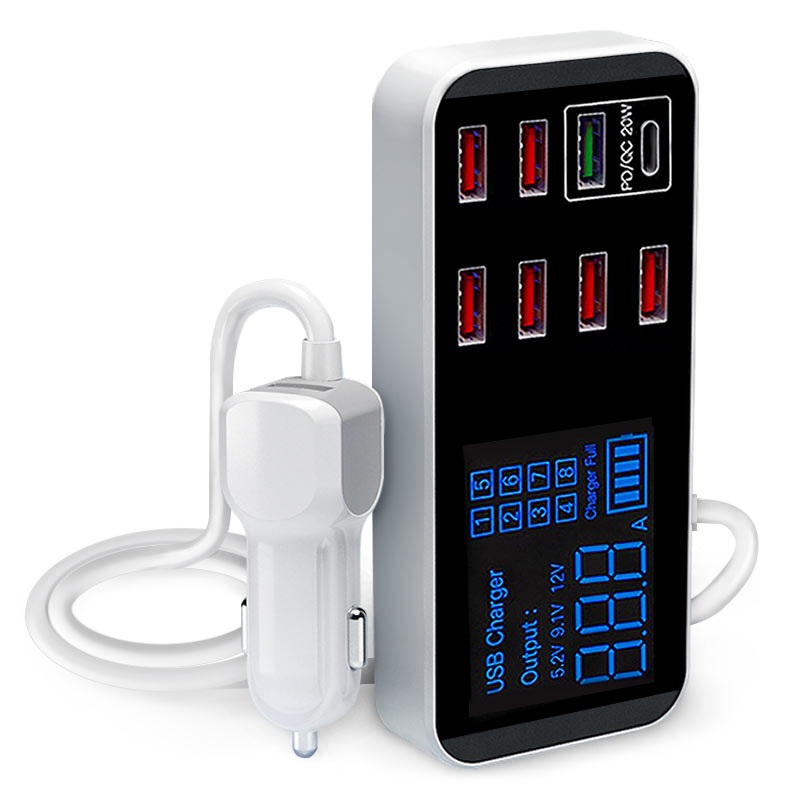 9-Port Kfz-Ladegerät mit LCD-Display WLX-A9S+ - 7xUSB, QC3.0 USB, PD USB-C  - 40W