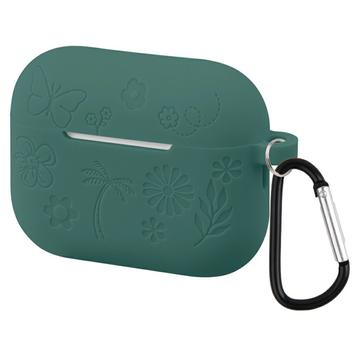 AirPods Pro 3 Blume Muster Flüssigsilikonhülle mit Karabiner - dunkelgrün