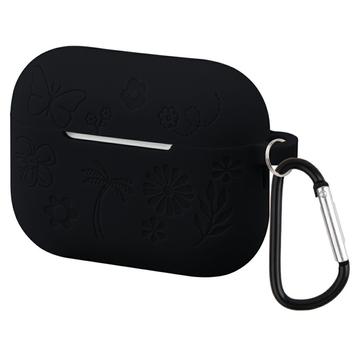 AirPods Pro 3 Blume Muster Flüssigsilikonhülle mit Karabiner - Schwarz