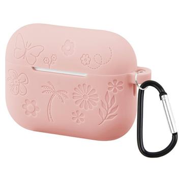 AirPods Pro 3 Blume Muster Flüssigsilikonhülle mit Karabiner - Hellrosa