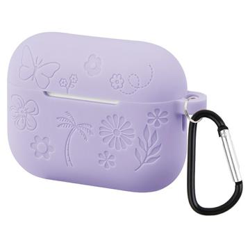AirPods Pro 3 Blume Muster Flüssigsilikonhülle mit Karabiner - hell lila