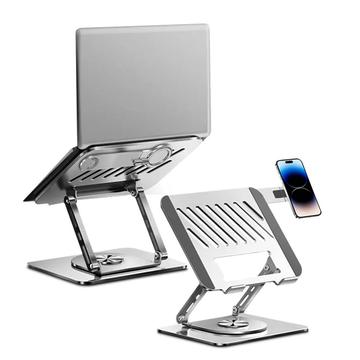Drehbarer Laptop-Ständer aus Kohlenstoffstahl mit zwei Armen und magnetischer Telefonhalterung - Silber