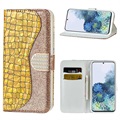 Croco Bling Serie Samsung Galaxy S21 5G Wallet Schutzhülle - Gold