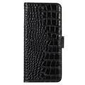 Crocodile Serie Samsung Galaxy S21 FE 5G Lederhülle mit Geldbörse mit RFID - Schwarz