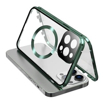 Doppelseitiges gehärtetes Glas+magnetischer Metallrahmen Anti-Drop Case für iPhone 15 kompatibel mit MagSafe Phone Cover mit Schnallenverschluss