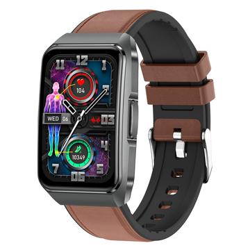 ET650 Smart Watch mit Körpertemperatur, Gesundheitsüberwachung und Bluetooth-Anruf - Leder- und Silikonarmband - Braun