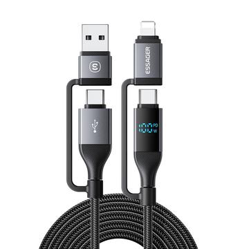 Essager 4-in-1 100W Schnellladekabel mit Leistungsanzeige - 2m - Schwarz