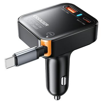 Essager 65W Schnelles Autoladegerät mit einziehbarem USB-C Kabel - Schwarz