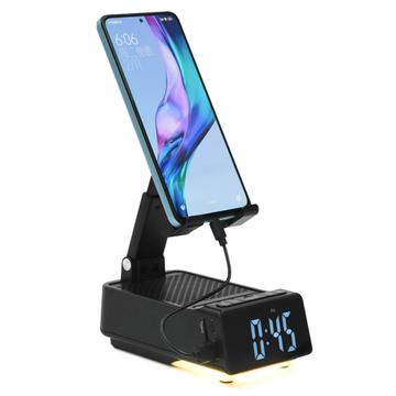 F30 3-in-1 faltbarer Smartphone-Ständer, Bluetooth-Lautsprecher und digitaler Wecker - Schwarz