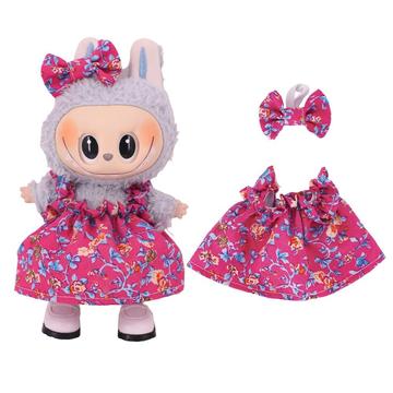 Floral Partykleid & Bowknot Stirnband für Labubu Mini Figur 17cm - Hot Pink