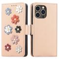 Flower Decor Serie iPhone 14 Pro Wallet Hülle - Beige