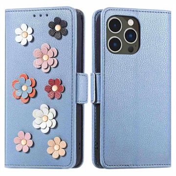 Flower Decor Serie iPhone 14 Pro Wallet Hülle - Blau