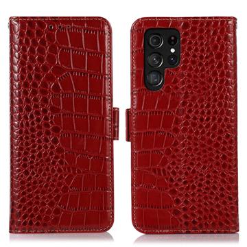 Crocodile Serie Samsung Galaxy S23 Ultra 5G Lederhülle mit Geldbörse mit RFID - Rot