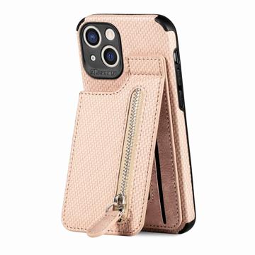 iPhone 14 Hülle mit Reißverschluss & Ständer - Karbonfaser - Beige