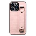 iPhone 14 Pro Beschichtete Hülle mit Handschlaufe und Kartenhalter - Krokodil - Rosa