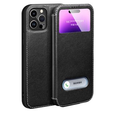 Dual View iPhone 14 Pro Max Leder Flip Case - Schwarz