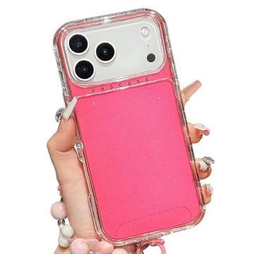 iPhone 17 Pro Glitter Stoßfestes Hybrid Hülle mit Handgelenkschlaufe - Hot Pink