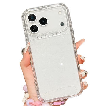iPhone 17 Pro Glitter Stoßfestes Hybrid Hülle mit Handgelenkschlaufe - Transparent