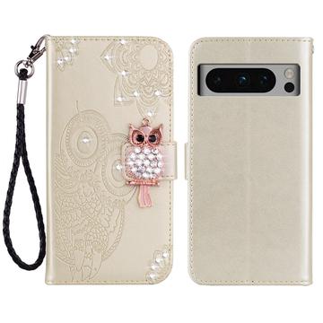 Google Pixel 8 Pro Eule Strass Wallet Hülle - Gold