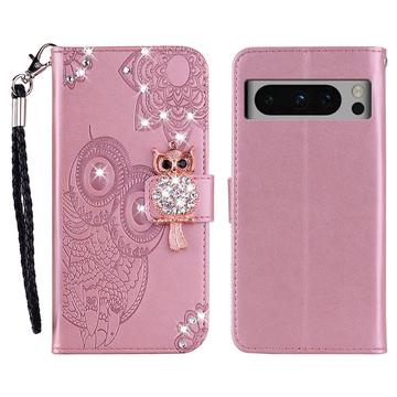 Google Pixel 8 Pro Eule Strass Wallet Hülle - Roségold