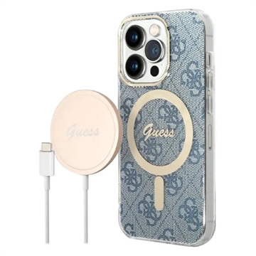 Guess 4G Edition Bundle Pack iPhone 14 Pro Hülle & Drahtloses Ladegerät - Blau