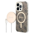 Guess 4G Edition Bundle Pack iPhone 14 Pro Hülle & Drahtloses Ladegerät - Braun