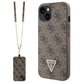 iPhone 15 Guess 4G Strass Triangle Metal Logo Hülle mit Crossbody Riemen - Braun