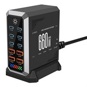 HHW 660W GaN 10-Port USB-C Ladestation mit Display - 6xUSB-C, 4xUSB-A - Schwarz