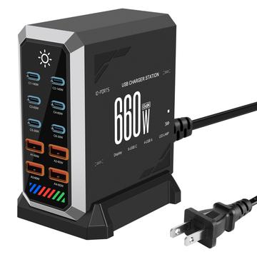HHW 660W GaN 10-Port USB-C Ladestation mit Display - 6xUSB-C, 4xUSB-A - Schwarz