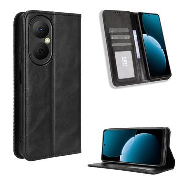 Huawei Enjoy 80 Retro Wallet Schutzhülle mit Magnetverschluss - Schwarz