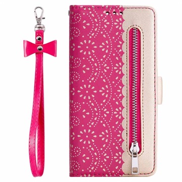 Lace Pattern Samsung Galaxy A21s Wallet Hülle mit Stand-Funktion - Hot Pink
