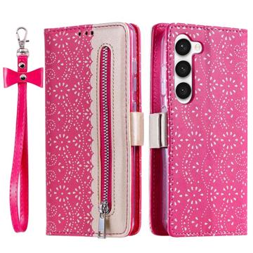 Lace Pattern Samsung Galaxy S23 5G Wallet Hülle - Hot Pink