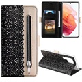 Lace Pattern Samsung Galaxy S22 Ultra 5G Wallet Hülle - Schwarz