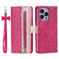 Lace Pattern iPhone 14 Pro Max Wallet Hülle - Hot Pink