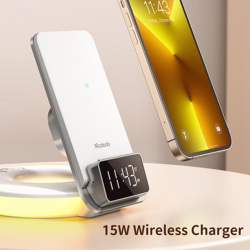 Athena Wecker Mit Touch-Display – Inkl. Kabellosem Ladegerät (5W), Nachtlicht, UKW-Radio, Schlummerfunktion, Batterie-Backup (Weiß)