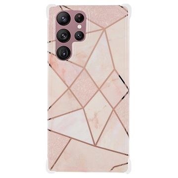 Galvanisierte IMD Samsung Galaxy S22 Ultra 5G TPU-Hülle mit Marmormuster - Weiß / Rosa