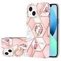 iPhone 15 Marble Pattern IMD TPU Hülle mit Ringhalter - Rosa / Weiß