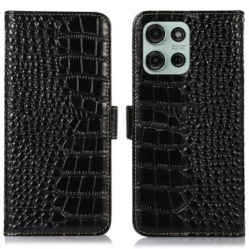 Motorola Moto G75 Crocodile Serie Lederhülle mit Geldbörse mit RFID - Schwarz