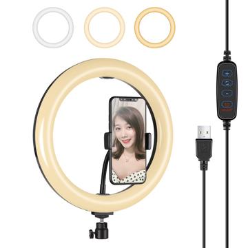 PULUZ PU397 10-Zoll 3 Modi dimmbare LED Ring Fotografie Video Licht mit Handy Clip für Vlogging - Schwarz