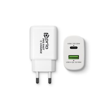 Prio PWC-1204 Schnelles Wandladegerät - 25W PD USB-C, 18W QC3.0 USB-A - Weiß