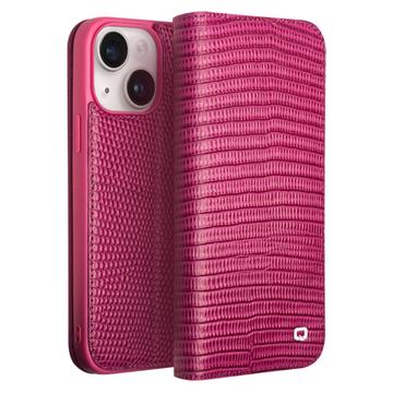 Qialino iPhone 15 Plus Lederhülle mit Geldbörse - Krokodil - Hot Pink