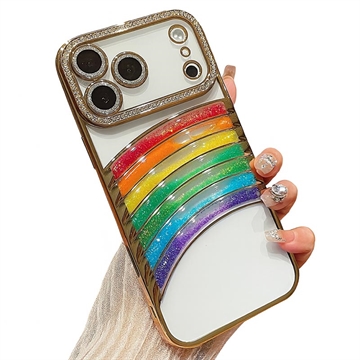 iPhone 17 Pro Regenbogen Treibsand Hybrid Hülle mit Strassstein Kamera Dekor - Gold