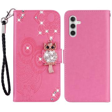 Samsung Galaxy A55 Eule Strass Wallet Case - Hot Pink