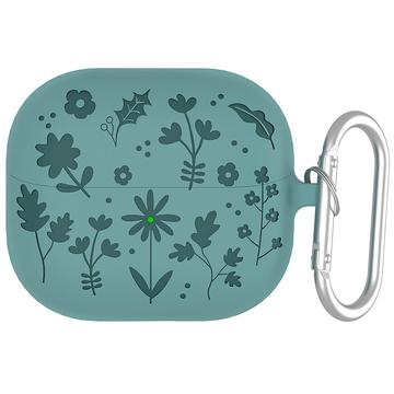 Samsung Galaxy Buds3/Buds3 Pro Blume Muster Flüssigsilikonhülle mit Karabiner - dunkelgrün